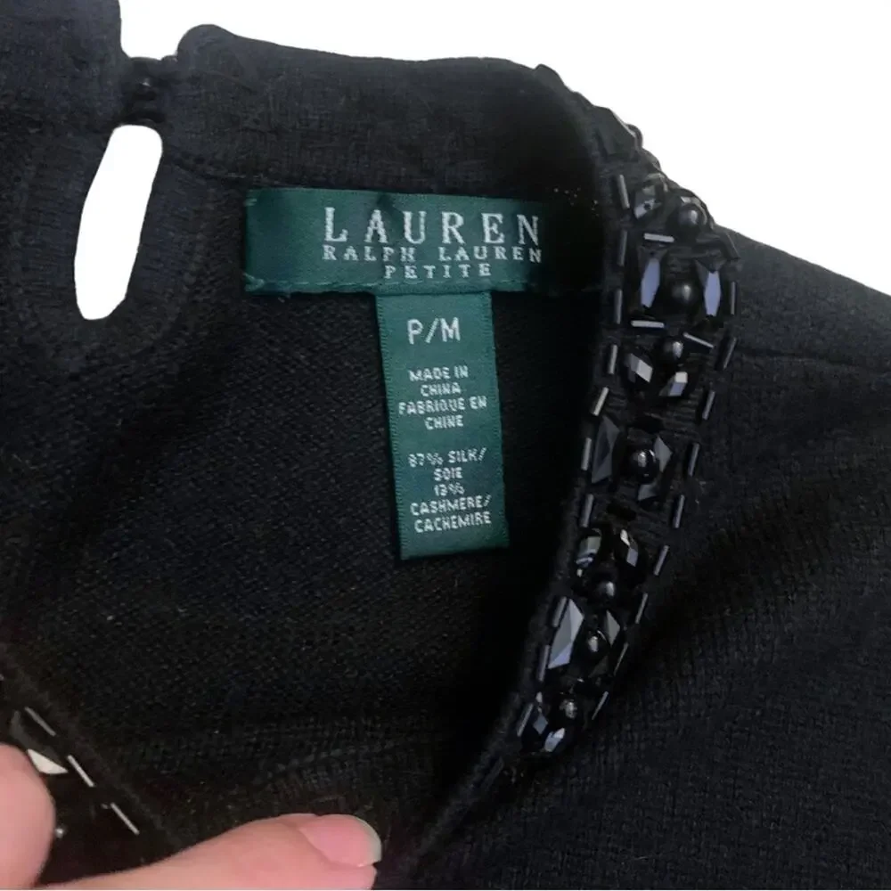 Ralph Lauren Black Cashmere Silk Short Sleeve Sweater Medium Petite Embellished